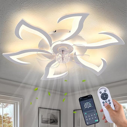 HuixuTe 32" White Geometric Modern 6-head Ceiling Fan with Lights Remote Control, Low Profile Ceiling Fan with Light for Kitchen Bedroom Living Room
