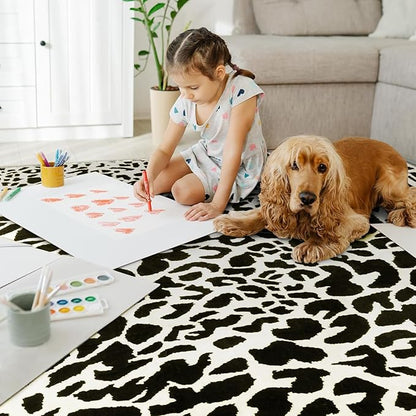 YIHOUSE Leopard Rug for Living Room, 5x7 Black and White Cute Cheetah Print Rug Modern Washable Ultra-Thin Animal Printed Rugs for Bedroom, Girls Boys Dorm Room Nursery Room, Playroom