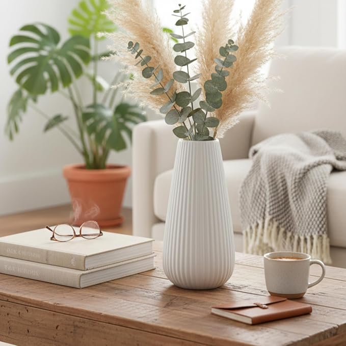Luxury White Ceramic Vase, Modern Ribbed Fluted Design, Flower Vase for Home Decor, Cute Vase for Pampas Grass, Living Room, Dining Table, Farmhouse, Office, Bedroom, Kitchen Shelf