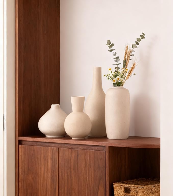 Beige Ceramic Vase Home Decor Small Flowers Vase Set of 4 Living Room Decoration Bookshelf Bedroom Kitchen Dining Table Modern Farmhouse