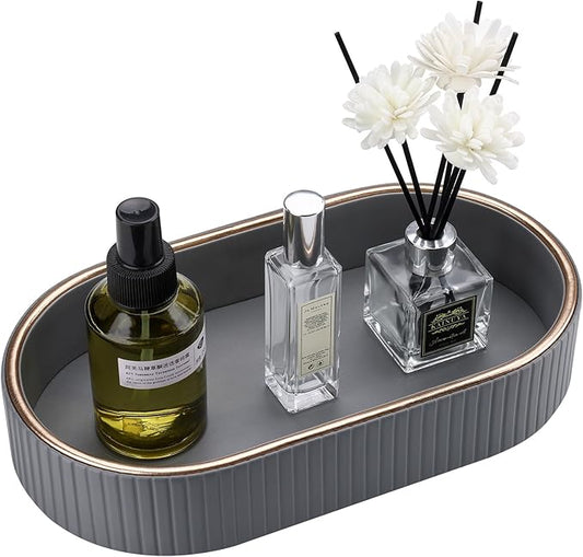GORESE PU Leather Valet Tray Perfume Organizer, Oval Jewelry Trays Nightstand Organizer Key Bowl Trinket Dish for Dresser Bedside, Vanity Tray for Bathroom, EDC Trays for Men Women, 11×5.9 in, Gray