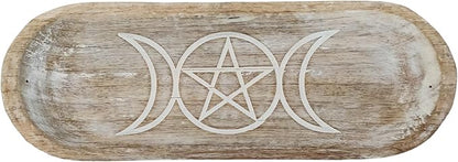 VANIYA CRAFTS® Wooden Handmade Star & Moon Design Boat Shape Incense Holder Stand Insence Tray for Sticks Home Decor Restaurant (11X4,Antique White)