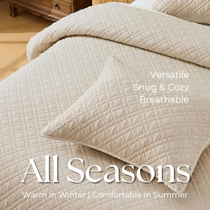King Quilt Set with Shams Lightweight Quilted Bedspread Coverlet Thin Comforter Bed Cover Vintage Washed Quilted Blanket for All Season, Brushed Microfiber Diamond Stitching, Beige, 104"x92"