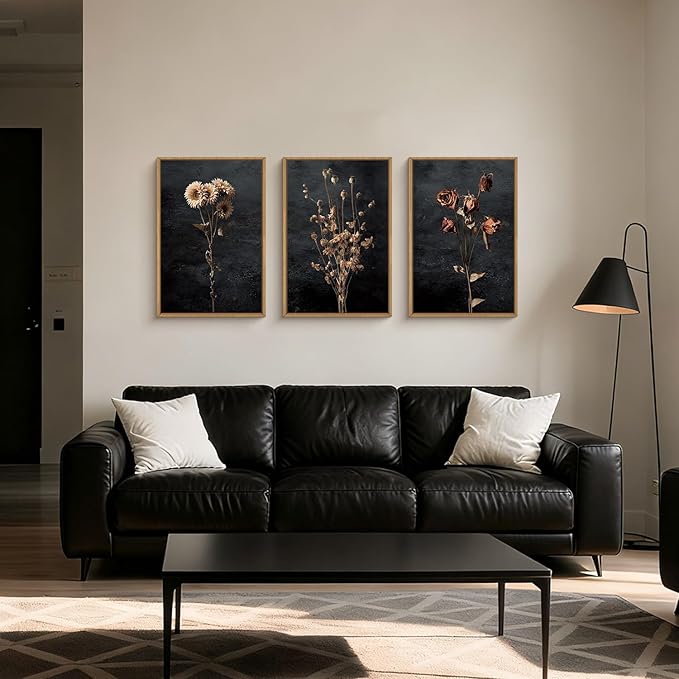 Aryroi Large Moody Dark Floral Framed Canvas Wall Art,Vintage Dried Flowers Wall Decor,Modern Retro Wildflowers Artwork,Mid Century Boho Botanical Art Print For Living Room,Bedroom,Office-16 x24 x3