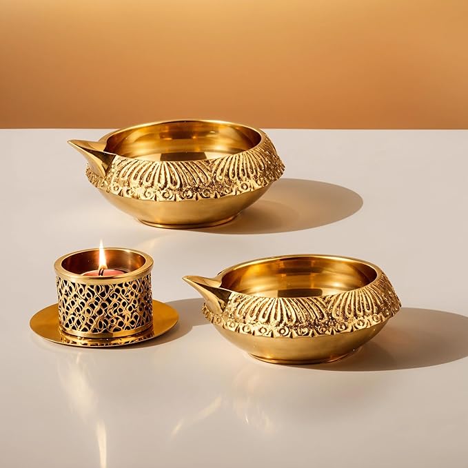 Brass Diya for Puja Kuber Diya [ Pack of 8 ] - Handmade Indian Puja Oil Lamp for Diwali Decorations - Diwali Diyas Indian Return Gifts [ Size 2.5 inch, Small ] Hashcart®