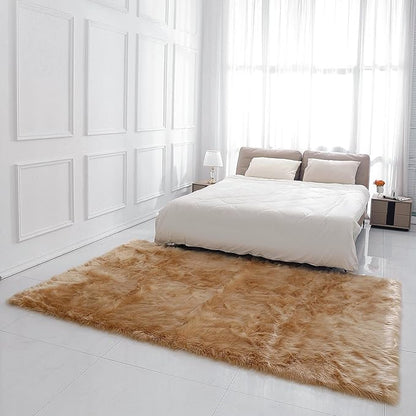 Faux Fur Rug Sheepskin Shag Fluffy Fuzzy Beige 5x7 ft Rugs for Bedroom Bedside Bed Floor Living Room Plush Rectangle High-Density Cushion Carpet Super Sofa Cover