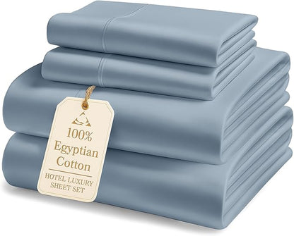 100% Egyptian Cotton Queen Size Sheet Set - 1000 Thread Count Silky Sateen Weave Naturally Breathable & Durable Winter Comfort, Hotel Soft Luxury Comfort with 15" Deep Pocket Queen Sheets -French Blue