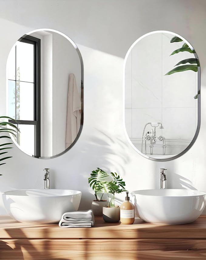 Frameless Oblong Wall Mirror: Decorative Oval Mirrored Glass Vanity with Beveled Silver Edge for Bathroom Bedroom Livingroom Dining Room Entryway Hallway, 40 x 20 inch