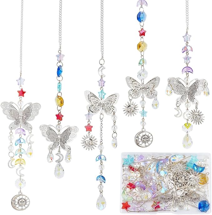 SUNNYCLUE 1 Box DIY 5 Sets Star Moon Suncatchers Kit Rainbow Maker Sun Catchers Butterfly Charms Hanging Suncatchers Glass Crystal Sun Catcher for Windows Indoor Outdoor Home Garden Decor Gifts
