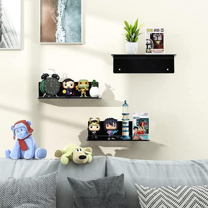 9 Inch Acrylic Floating Shelf No Drill Adhesive Wall Shelf Set of 2 for Funko Pop Storage, Floating Shelves Damage-Free Expand Wall Space for Living Room, Bathroom, Gaming Room, Office - Black