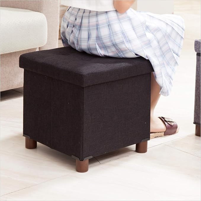 15 Inch Storage Ottoman with Wooden Legs - Cube Foot Rest Stool, Square Footstool, Comfortable Seat with Lid, Foldable Fabric Ottoman, Space-Saving Black