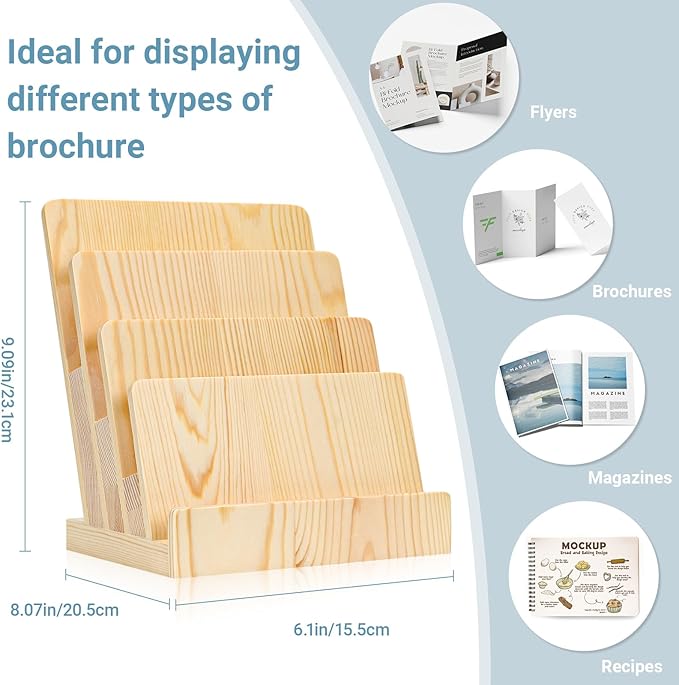 Pine 8.5×11 Inch Magazine Display Stand 4-Tier For 6×9 inch Literature Organizer Brochure Pamphlet Flyer Menu Holder Countertop Stand For Office Home