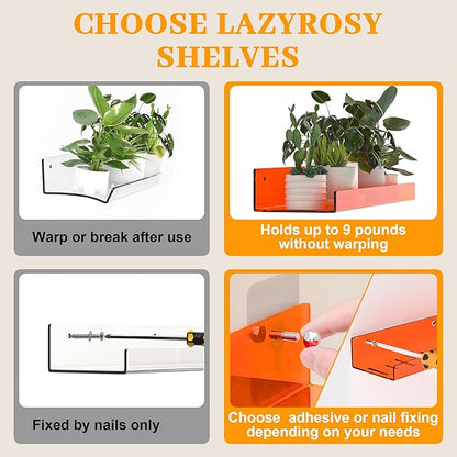 6 Pack Floating Shelves –15'' Orange Acrylic/PET Wall-Mounted No Drill Storage with Adhesive, Bathroom & Bedroom Shelving for Kitchen, Living Room, Home Decor