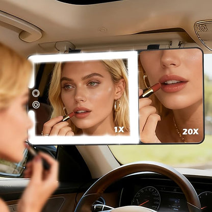 Large 2-in-1 Led Car Vanity Mirror with 20X Strong Magnification,10" Sun Visor Mirror with 3-Color Dimmable Rechargeable LED Lights,Car Makeup Mirrors with Secure Reinforced Flexible Mount