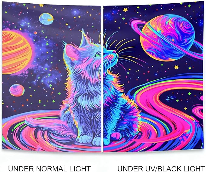 seewan Black Light Space Cat Tapestry, Glow-in-the-Dark UV Neon Galaxy Kitten with Planets Wall Hanging, Psychedelic Cosmic Art Tapestry, Bedroom Dorm Living Room Background Decor