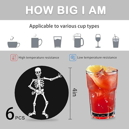 Halloween Drink Coasters for Drinks Set of 6,Skeleton Skull Absorbent Round Ceramic Stone Mat Coaster, with Cork Base and Metal Holder, Home Bar Decor House Warming Gift