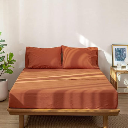 MooMee Bedding Sheet Set 100% Washed Cotton Linen Like Textured Breathable Durable Soft Comfy (Solid Rust Brown, Queen)
