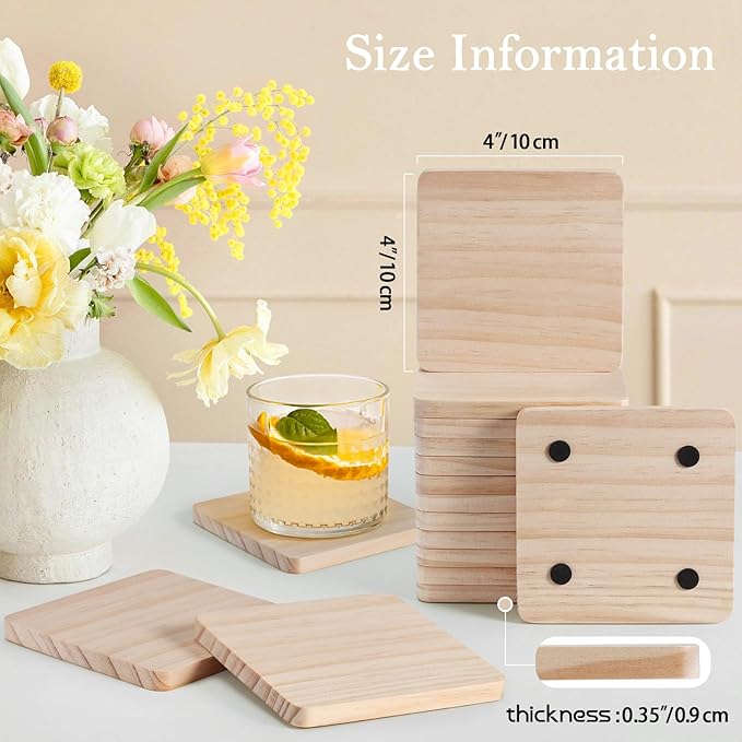 60 Pieces Unfinished Wood Coasters, GOH DODD 4 Inch Wooden Blanks with Non-Slip Pads for Laser Engraving Wood Burning Staining Painting Decoupage Housewarming Gifts Wedding Crafts Education