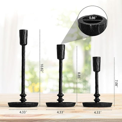 Rustic Cast Iron Taper Candle Holder - Set of 3 Vintage Candle Stands, Candlestick Holders for Wedding, Dining, Party Décor (Black)