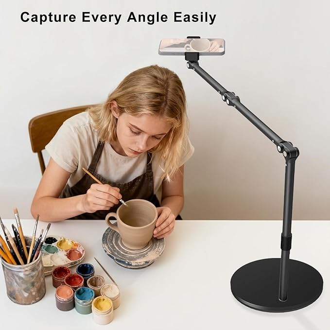 Heavy Duty Overhead Phone Mount for Desk, 17 in Long Arm iPhone Holder, 360° Swivel Stand for Video Recording, Filming, Live Streaming, Cooking, Painting, Crafting