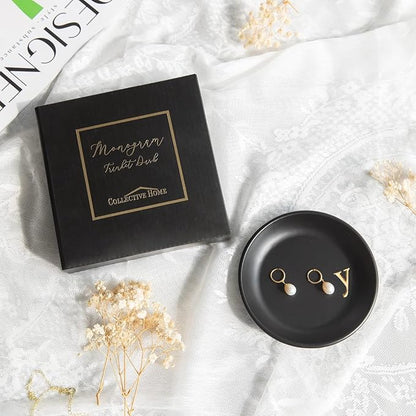 COLLECTIVE HOME - Ceramic Jewelry Tray, Decorative Trinket Dish for Rings Earrings Necklaces Bracelet Watch Keys, Birthday Mother's Day Christmas Gift for Women, 4.75", Black Surface (y)