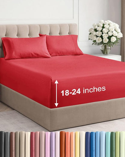 Extra Deep Twin Sheet Set - 4 Piece Breathable and Cooling Sheets - Hotel Luxury Bed Sheets Set - Easy & Secure Fit - Soft, Wrinkle Free and Comfy Sheets Set - Red Sheet Set with Extra Deep Pockets