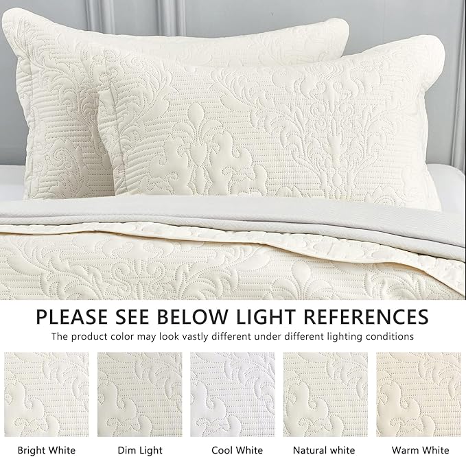 CHIXIN Bedspread Coverlet Quilt Set Full Size - Lightweight Bedding Cover - Ultrasonic Quilting - 5 Piece Reversible Bedspread - Elegant Damask Paisley Pattern (Full, Ivory)