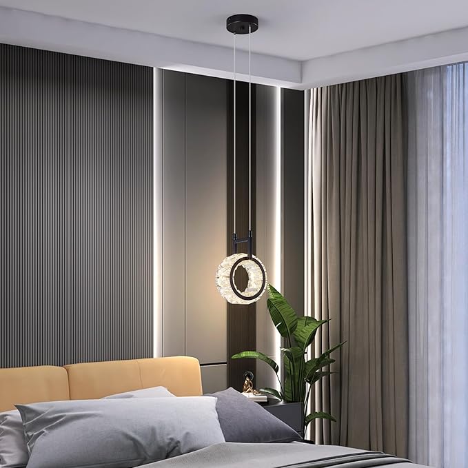 Kitchen Island Mini Light Fixture Modern Led Crystal Pendant Light Black Round Chandelier for Dining Room Living Room Kitchen Bedroom Bar（1-Pack）