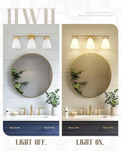 Bathroom Light Fixture, HWH 3-Light Brushed Gold Vanity Lights for Bathroom Modern Vanity Sconce Lighting Over Mirror, Wall Lamp with Frosted White Striped Glass, 5HZG97B-3W BG
