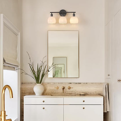 Bathroom Light Fixtures, 3-Light Black Vanity Wall Light Over Mirror with White Tulip Glass Shade for Bedroom Living Room (Bulb Not Included)