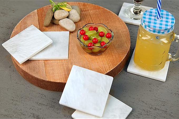 Coasters for Drinks - Set of 6 Modern Coasters - 4" Wide Drink Coasters - Made from Real Solid Marble White Marble Coasters Sqaure Shape