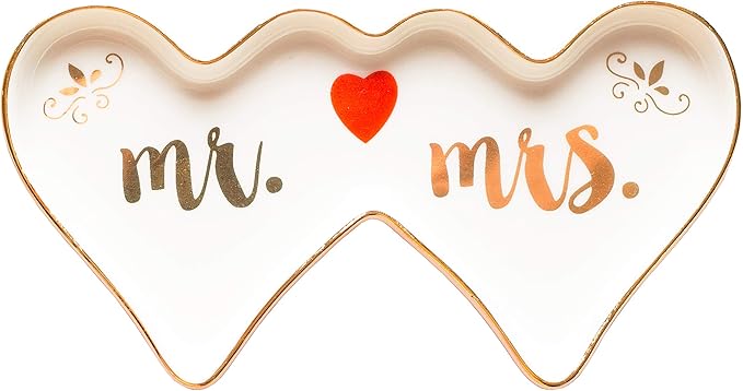 Stephanie Imports Double-Hearted Mr & Mrs Ceramic Trinket Plate and Decorative Jewelry Dish