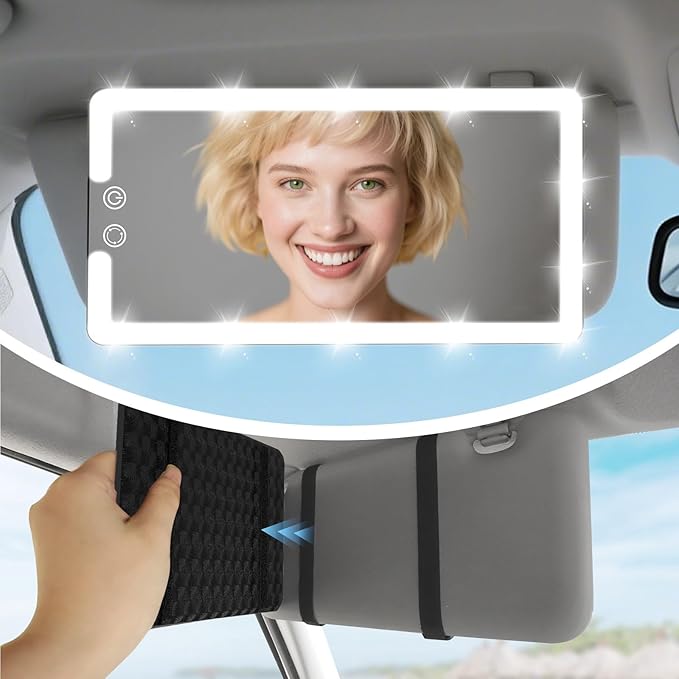 Upgraded Large Led Car Vanity Mirror with Solar&USB-C Charging,10" Sun Visor Mirror with 3-Color Dimmable Rechargeable LED Lights,Car Makeup Mirrors with Secure Reinforced Flexible Mount