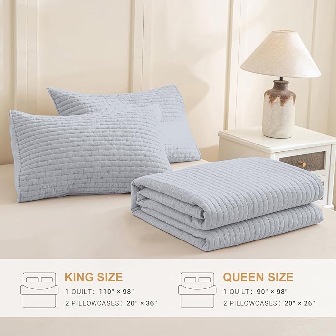 Sanracie Stonewashed Cotton Coverlet Queen Size(90"x98"), Ultra Soft Cornflower Blue Crinkle Quilt Bedding Set 3Pcs Cross Stitch Pattern Lightweight Breathable Bedspread Set for All Season