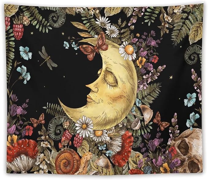 Boho Moon Tapestry Wall Hanging,Vintage Sun and Moon Skull Hippie Mushroom Floral Plant Tapestries for Dorm Living Room Bedroom Decor(50"x60")