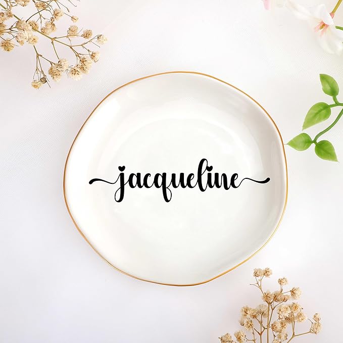 JoycuFF Jacqueline Personalized Name Ceramic Jewelry Tray, Mothers Day Christmas Anniversary Engagement Birthday Gifts for Women Couples, Trinket Dish for Rings Earrings Necklaces Bracelets Keys