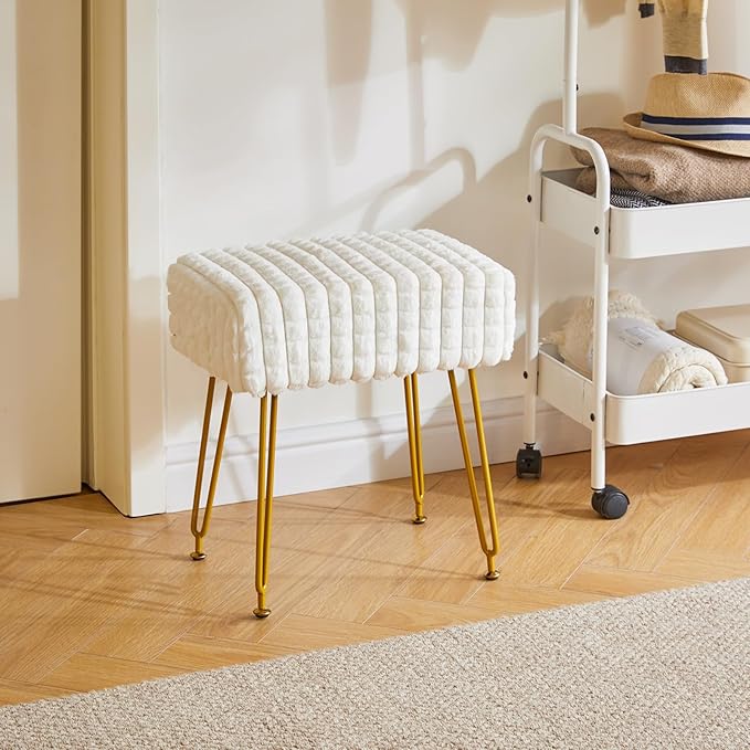 IBUYKE Rectangular Footrest Stool Ottoman, Makeup Vanity Stool Side Table, Velvet Dressing Table Seat, Footstool Chair, Golden Steel Legs, for Makeup Room, Bedroom, Square Grid Pattern, White WBD003W