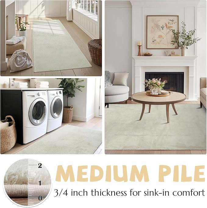 jinchan Solid Plush Area Rug 5x7 Performance Shaggy Washable Rug Indoor Soft Modern Faux Wool Cozy Non Slip Carpet for Living Room Kids Room Bedroom Dining Room Nursery Ivory