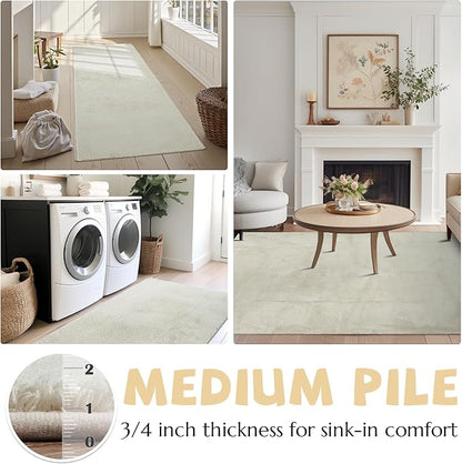 jinchan Solid Plush Area Rug 3x5 Performance Shaggy Washable Rug Indoor Soft Modern Faux Wool Cozy Non Slip Carpet for Living Room Kids Room Bedroom Dining Room Nursery Ivory