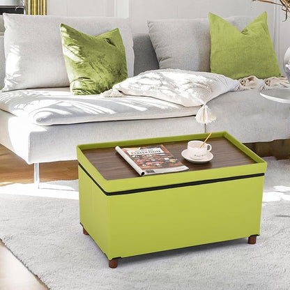 Storage Ottoman for Living Room Ottoman with Tray Bedroom Foot Rest Stool with Legs Small Ottomans Coffee Table Foldable Footstool Faxu Leather (Light Green)