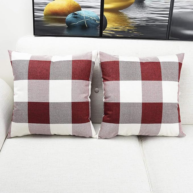 Artaimee Red & White Buffalo Check Plaid Throw Pillow Covers 18x18 - Set of 2 - Durable Cotton Linen, Hidden Zipper - Decorative Cushion Case for Couch, Sofa, Bed, Office, Farmhouse, Home Décor