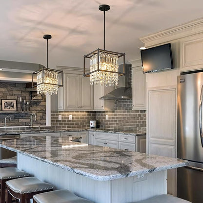 LMQNINE Modern Foyer Chandelier, Black Crystal Chandelier Entryway Light Fixture, Square Adjustable Height Chandeliers for Kitchen Island, L11.81'' x H7.87''