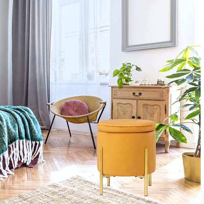Adeco Upholstered Tufted Round Storage Ottomans, Orange Modern Velvet Footrest Ottomans with Storage for Couch