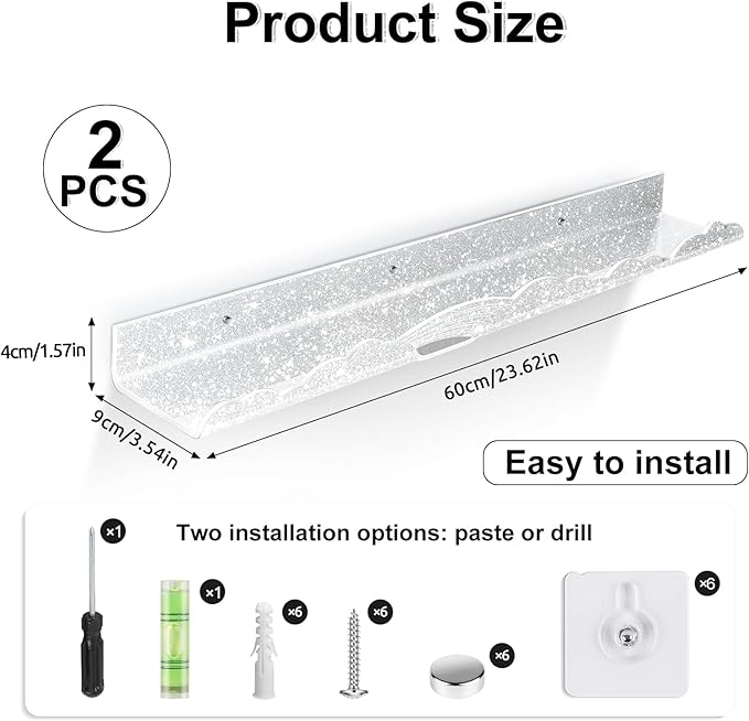 Rainbow Glitter Acrylic Floating Shelves, 23.6" Wall Mounted Nursery Bookshelves, Display Ledge for Books Toys Cosmetic Storage, Bathroom Bedroom Living Room Wall Organizer, 2 Pack, Silver