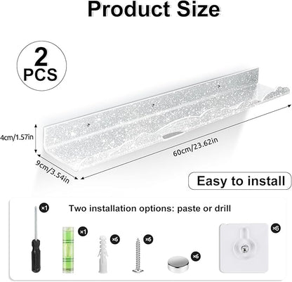 Rainbow Glitter Acrylic Floating Shelves, 23.6" Wall Mounted Nursery Bookshelves, Display Ledge for Books Toys Cosmetic Storage, Bathroom Bedroom Living Room Wall Organizer, 2 Pack, Silver