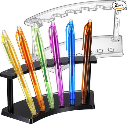 2 Pcs Pen Display Stand, Plastic 6-Slot Pen holder, Pens Stand for Makeup Brush Organizer, Display Rack for Craft Shows, Home Office and Store Use (Clear, Black)