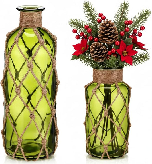 Chuangdi Set of 2 Coastal Glass Vases Christmas Vases for Flowers with Boho Rope Christmas Centerpieces for Tables Small Beach Bottle for Nautical Wedding Floral Arrangement Decorations(Olive Green)