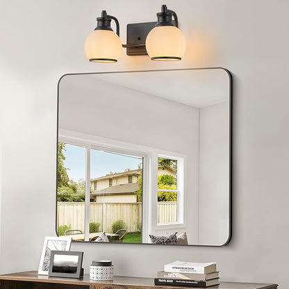 2 Light Modern Bathroom Light Fixtures Over Mirror (LED Bulbs Included), Black Vanity Lights for Bathroom Wall Sconces with Milky White Globe Glass Shades