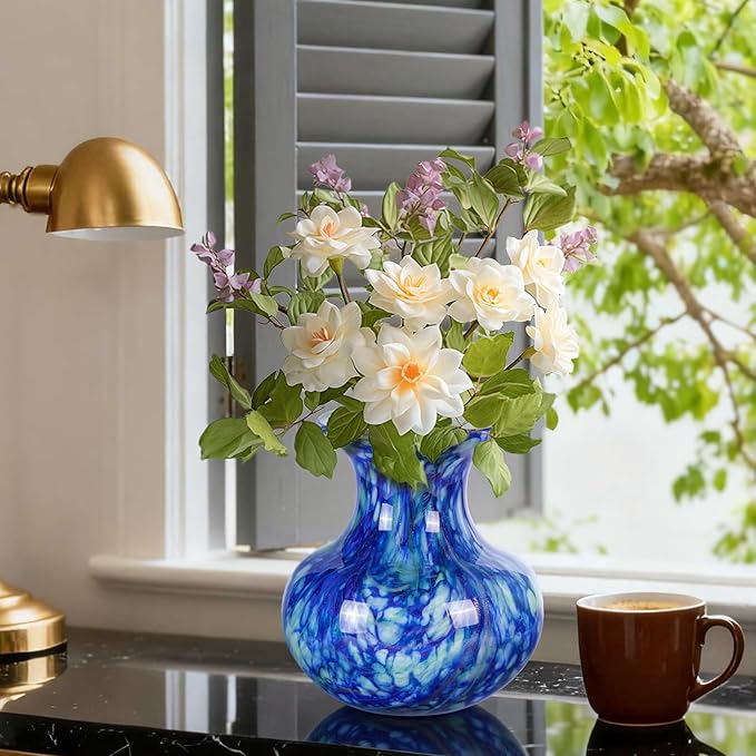 Glass Vases for Flower, Unique Hand Blown Blue Glass Vase, Modern Art Decorative for Home Living Room, Office, Table centerpieces, Bookshelves and Wedding Decorations (JG55)