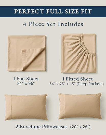 LANE LINEN 100% Organic Cotton Bed Sheets Full Size, Fully Elasticized Reinforsed Seams in Fitted Pocket, Machine Washable Naturally Cooling Full Sheet Deep Pocket Bedding- Linen